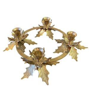 Vtg Solid Brass Poinsettia 14"‎ Candle Stick Holder Ring Christmas Classic